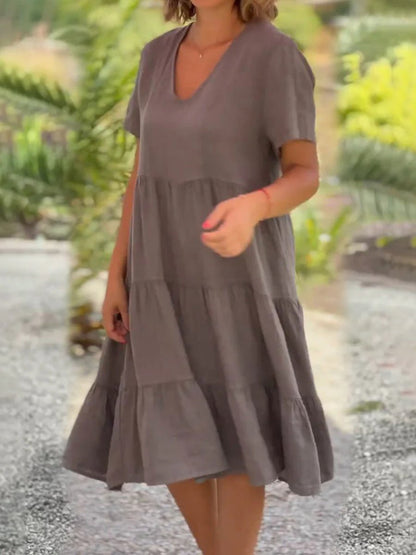 V-Neck Solid Large Swing Dress