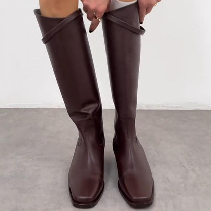 Basic Brown Belt Buckle Flat Square Toe Boots