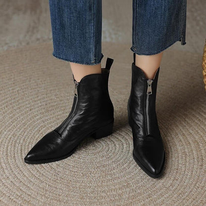 Design Pointed Toe Micro Heel Front Zipper Boots <Two Colors>