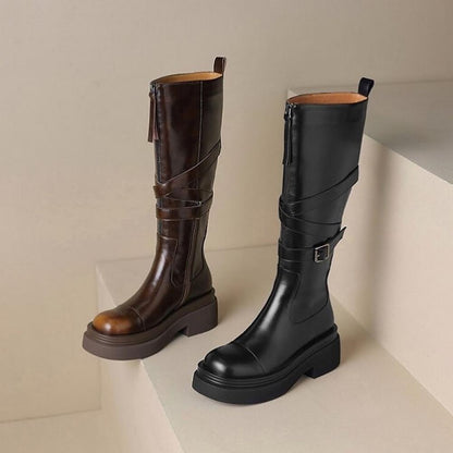 Knee-high boots with multiple buckles and straps in the Mirador style<Two Colors>