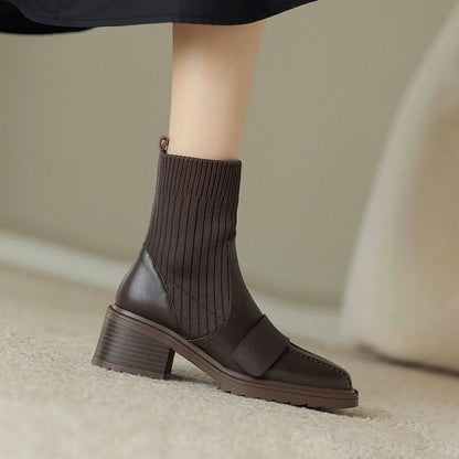 Casual Square Toe Lace-Up Knit Pumps Boots