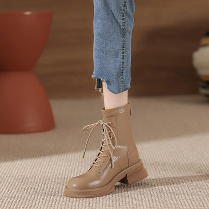 Thick Sole Chunky Heel Back Zipper Lace Up Boots<Three colors>