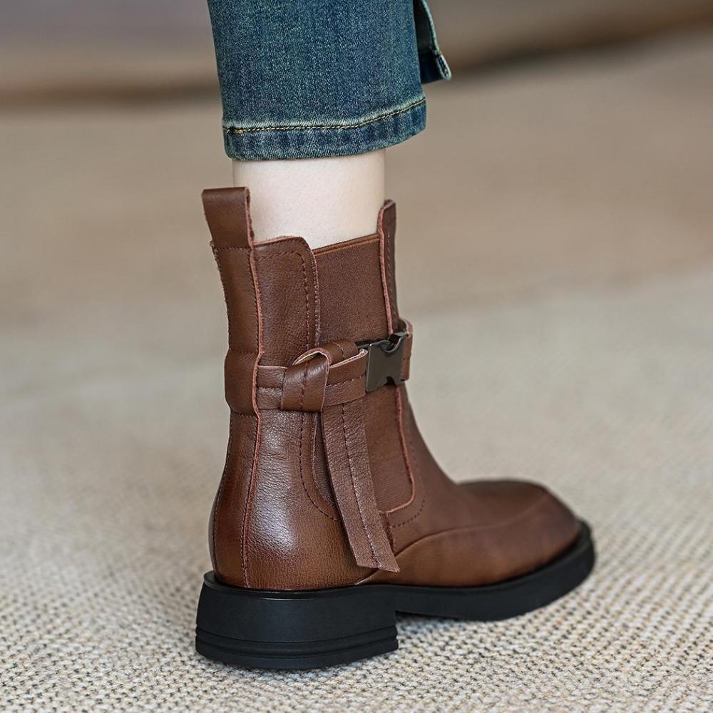 Retro Leather Thick Bottom Chunky Heel Elastic Short Round Head Mid Heel Short Boots