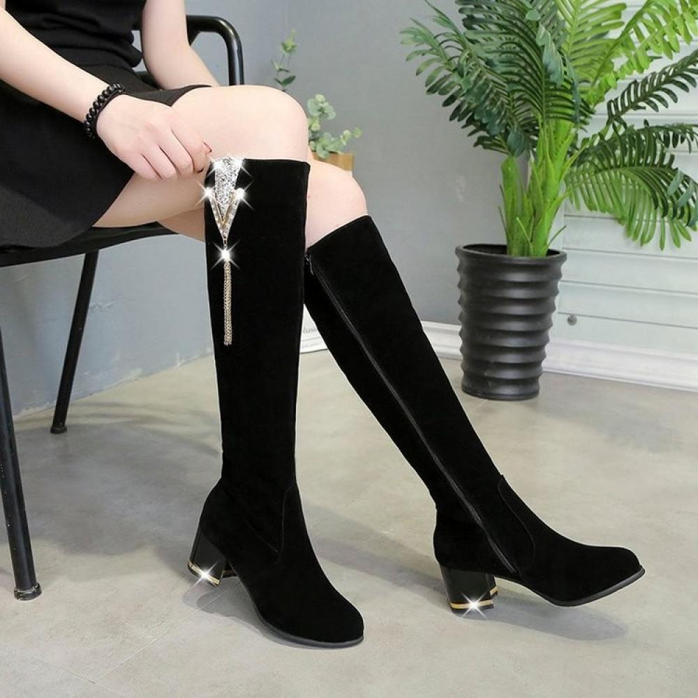 Chunky high heeled frosted leather side zipper padded warm thigh high boots