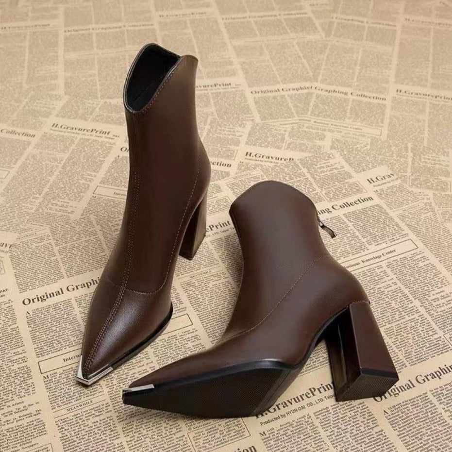 Pointed Toe Chunky Heel Fashion Genuine Soft Leather High Heel French Ankle Boots