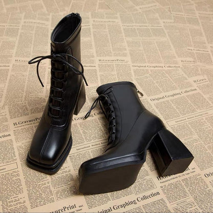 Trendy High Heel Chunky Lace Up Model Back Zipper Square Toe Martin Boots<Two Colors>