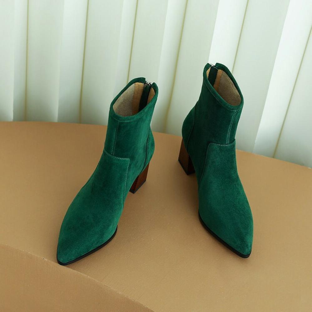 Pointed Toe Chunky Heel Boots Women Suede Mid Calf Boots   <Three🟢⚫️🟡 colors >                                                                               ⏰(New products on sale）