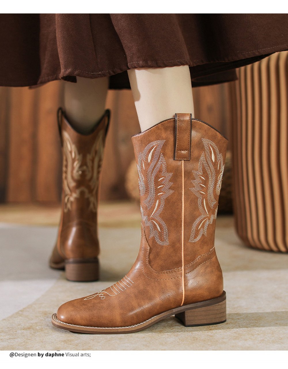 Western Cowboy Boots Embroidered Leather Mid Calf Rider Boots