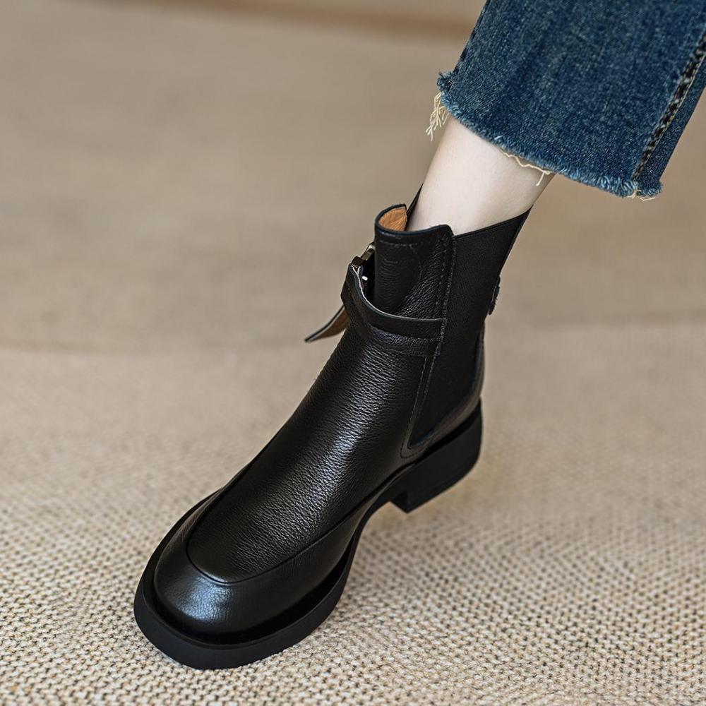 Retro Leather Thick Bottom Chunky Heel Elastic Short Round Head Mid Heel Short Boots