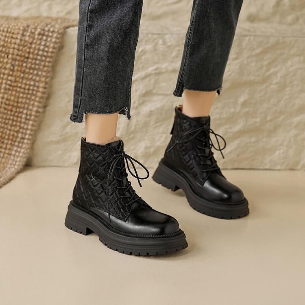 Casual Rabbit Fur Padded Lace Up Back Zipper Boots