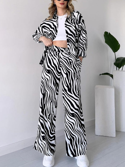 Casual Loose Zebra Print Shirt Two Piece Set
