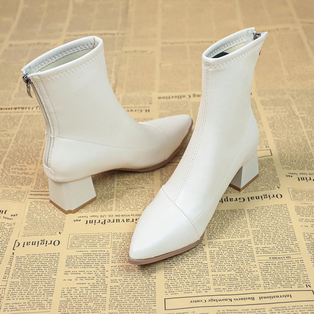 Pointed toe chunky heel short fashion boots