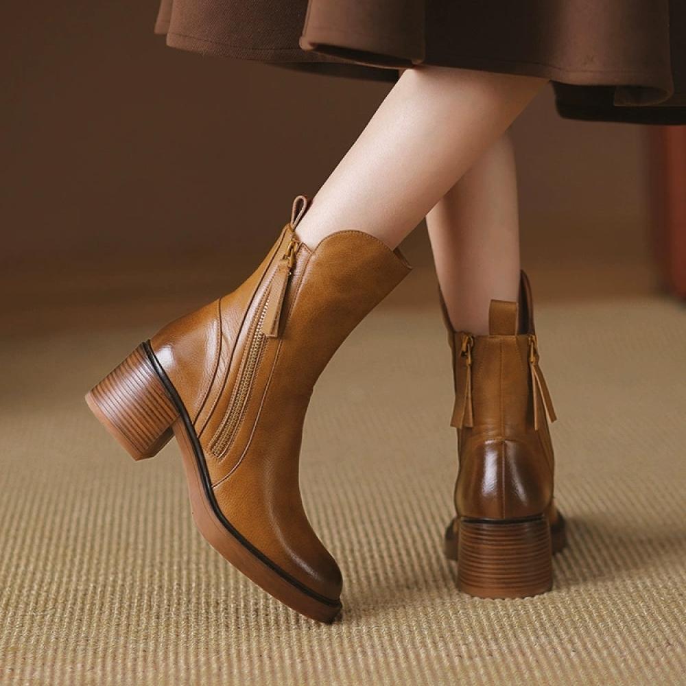 Shaped Zipper Chunky Heel Mid Calf Boots <Two colors>