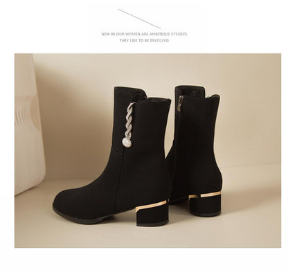 Fashion Boots Frosted Leather Short Boots Rhinestone Side Zipper Mid Heel Boots