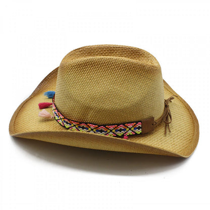 Ethnic Straw Stripe Trim Rolled Jazz Hat