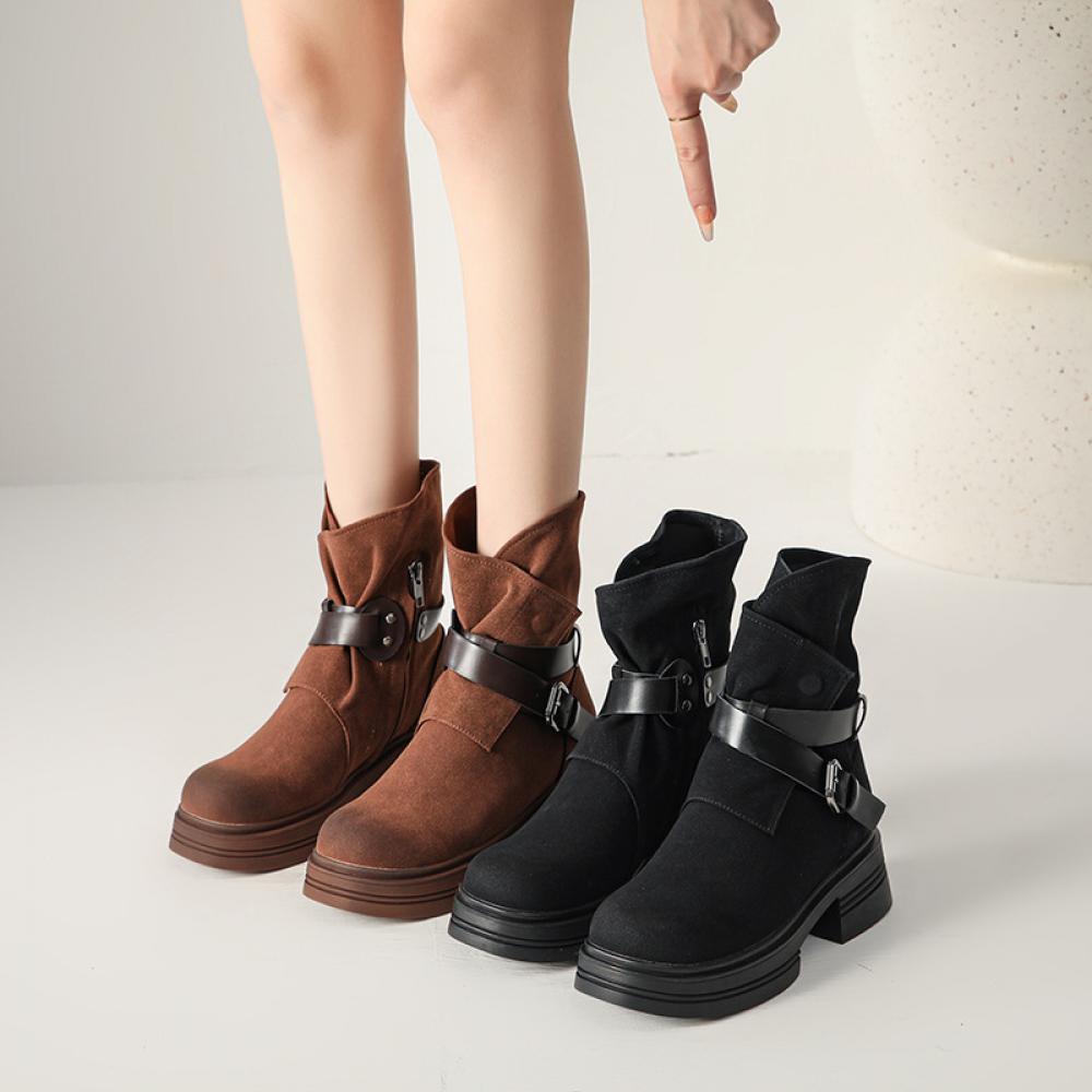 Niche Design Leather Chunky Heel Biker Boots Round Toe Rider Boots