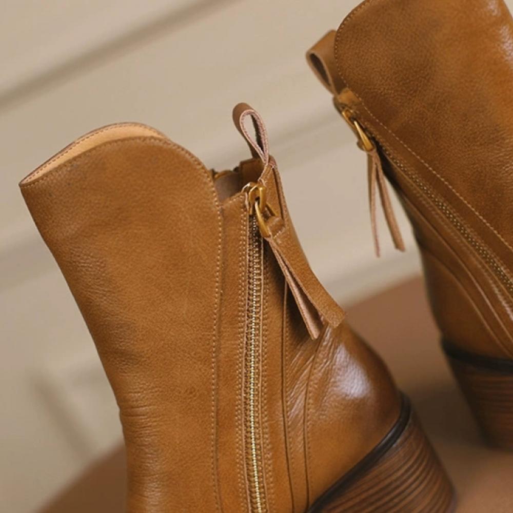 Shaped Zipper Chunky Heel Mid Calf Boots <Two colors>