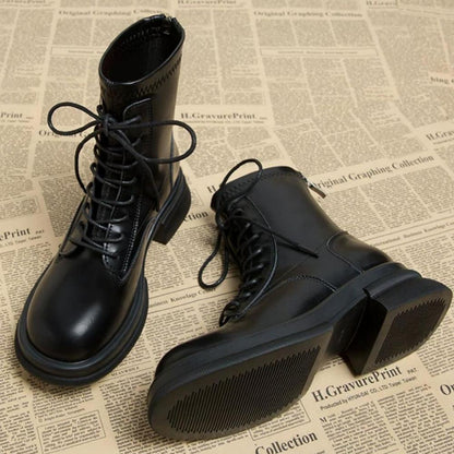 Thick Sole Chunky Heel Back Zipper Lace Up Boots<Three colors>