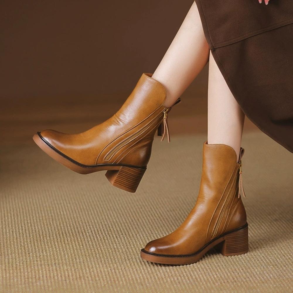 Shaped Zipper Chunky Heel Mid Calf Boots <Two colors>