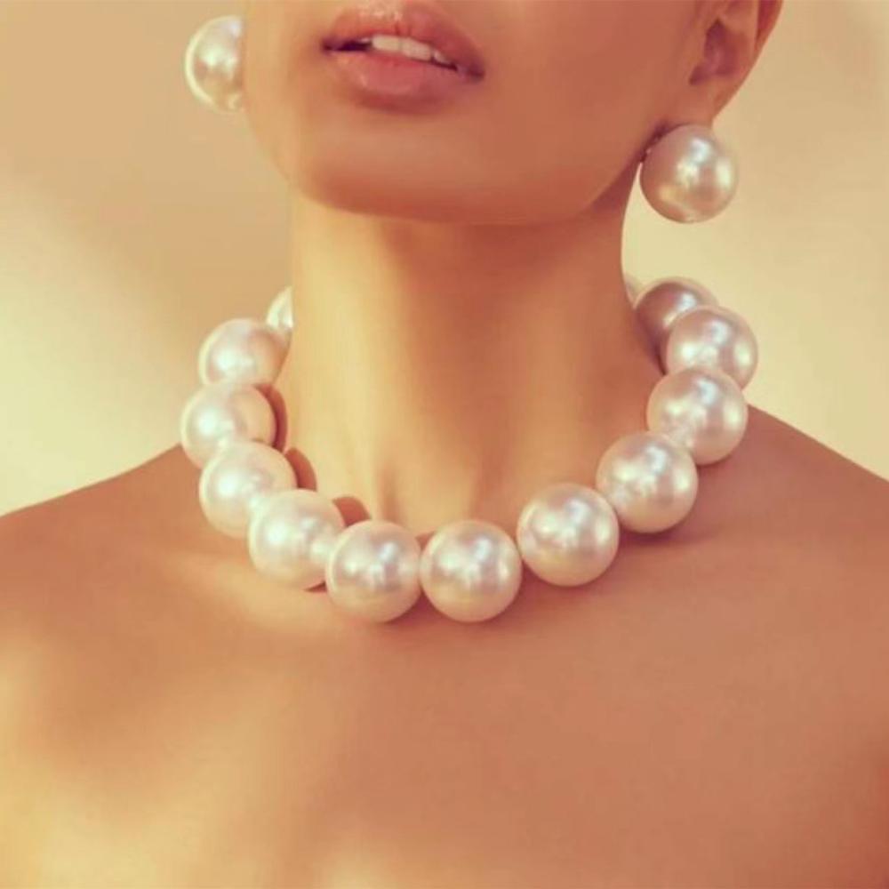 Oversized Extra Large 30mm Bright Pearl Necklace Earrings Set