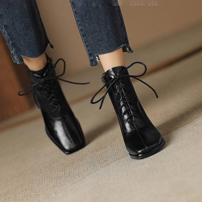 Vintage High Heel Square Toe Patchwork Lace-Up Boots