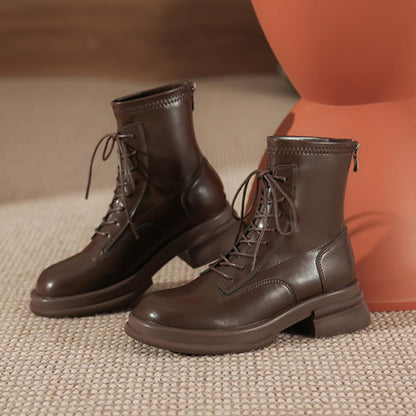 Thick Sole Chunky Heel Back Zipper Lace Up Boots<Three colors>