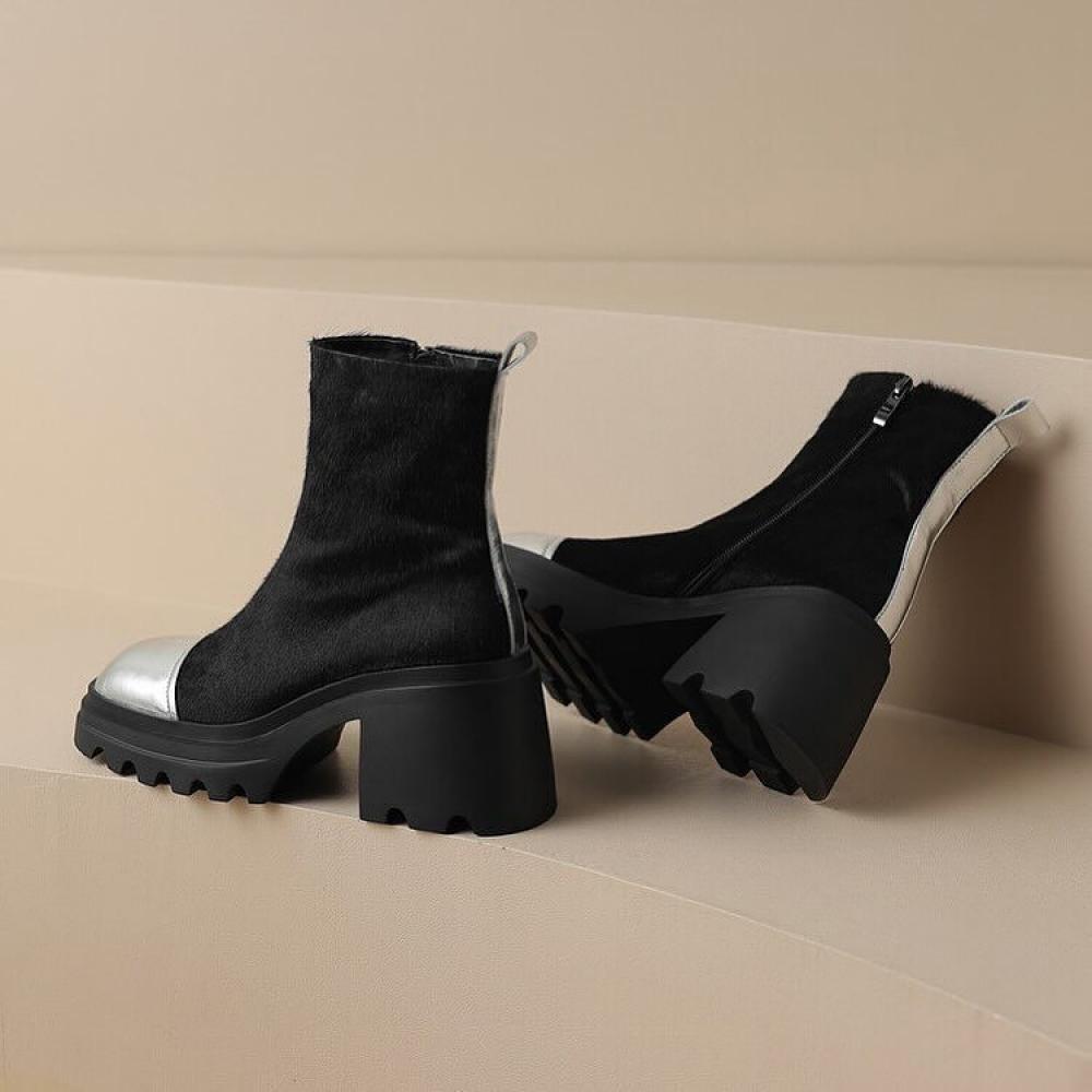 Trendy Thick Bottom Patchwork Toe Pony Hair Leather Boots