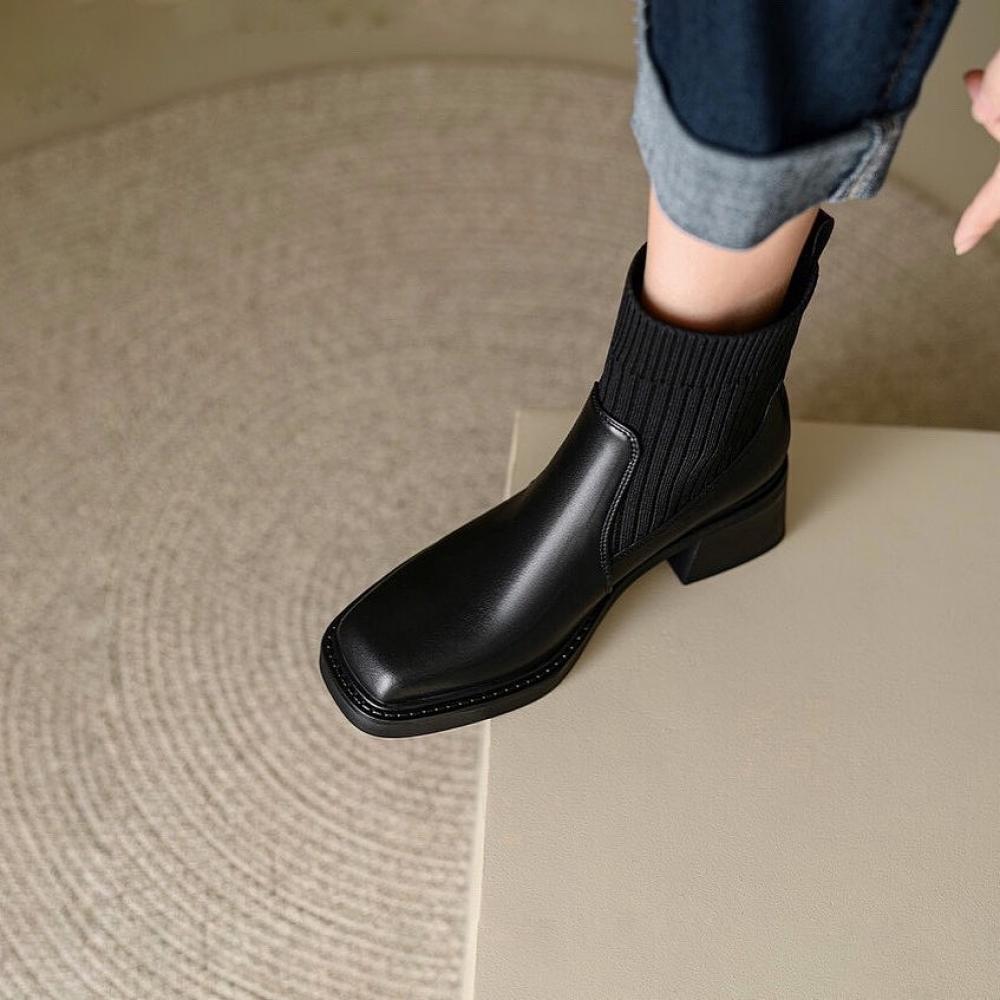 Temperament square toe knit upper mid-calf boots <Two Colors>