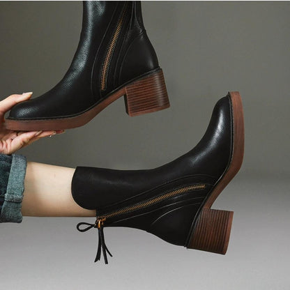 Shaped Zipper Chunky Heel Mid Calf Boots <Two colors>