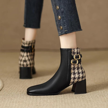 Retro Square Toe French Thousand Bird Check Chunky Heel Martin Boots Belt Buckle Temperament Ankle Boots