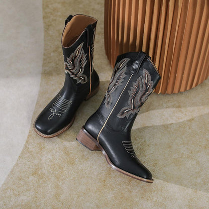 Western Cowboy Boots Embroidered Leather Mid Calf Rider Boots