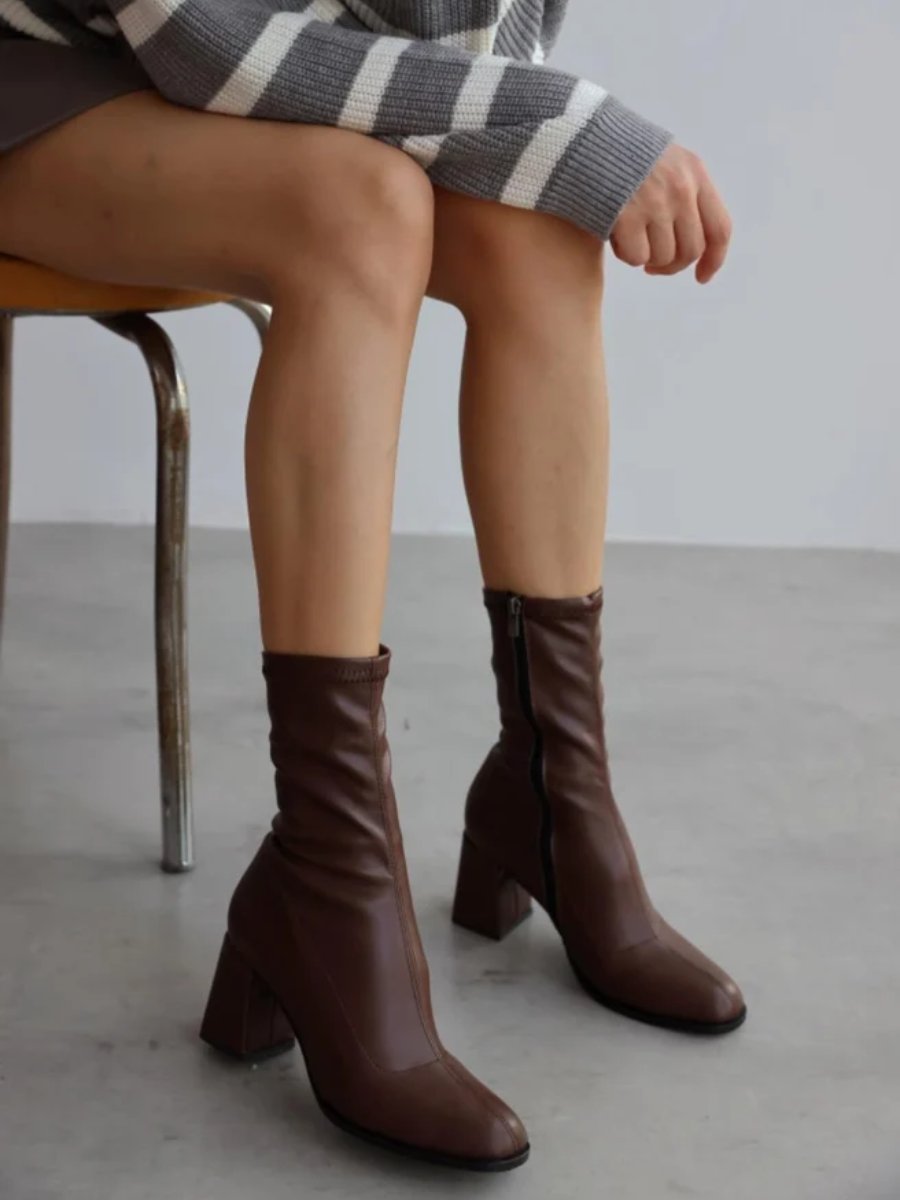 Simple Brown Stretch Mid Calf Boots