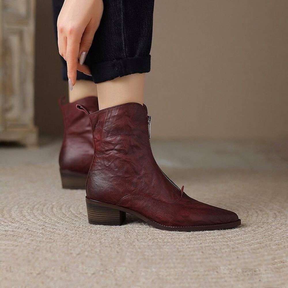 Design Pointed Toe Micro Heel Front Zipper Boots <Two Colors>