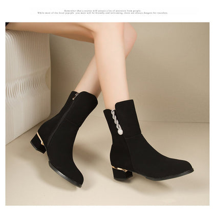 Fashion Boots Frosted Leather Short Boots Rhinestone Side Zipper Mid Heel Boots