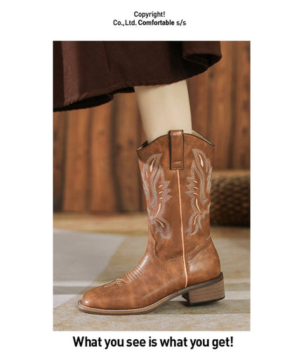 Western Cowboy Boots Embroidered Leather Mid Calf Rider Boots