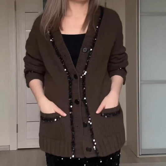 Casual Sequin Embellished Knit Cardigan