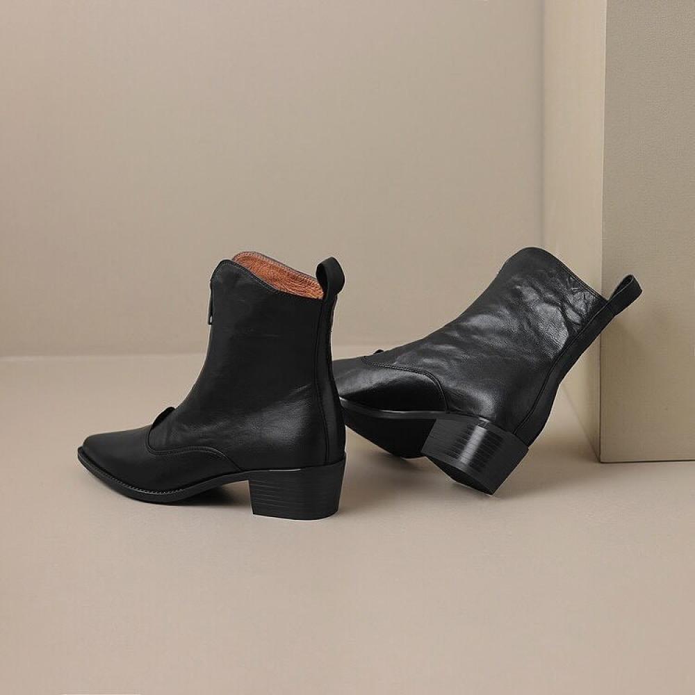 Design Pointed Toe Micro Heel Front Zipper Boots <Two Colors>