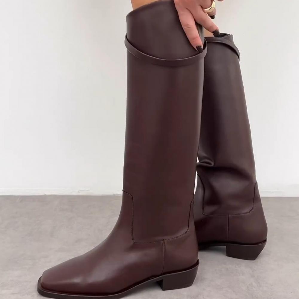 Basic Brown Belt Buckle Flat Square Toe Boots