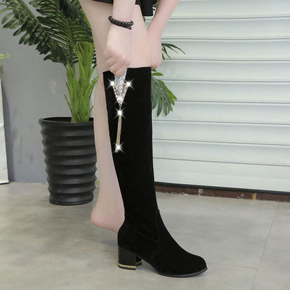 Chunky high heeled frosted leather side zipper padded warm thigh high boots