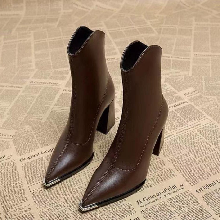 Pointed Toe Chunky Heel Fashion Genuine Soft Leather High Heel French Ankle Boots