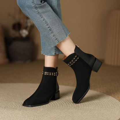 Frosted Leather Short Ankle French Vintage Double Belt Buckle Rivet Square Toe Chunky Heel Martin Boots