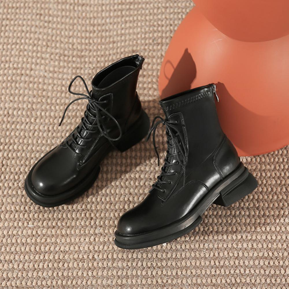 Thick Sole Chunky Heel Back Zipper Lace Up Boots<Three colors>