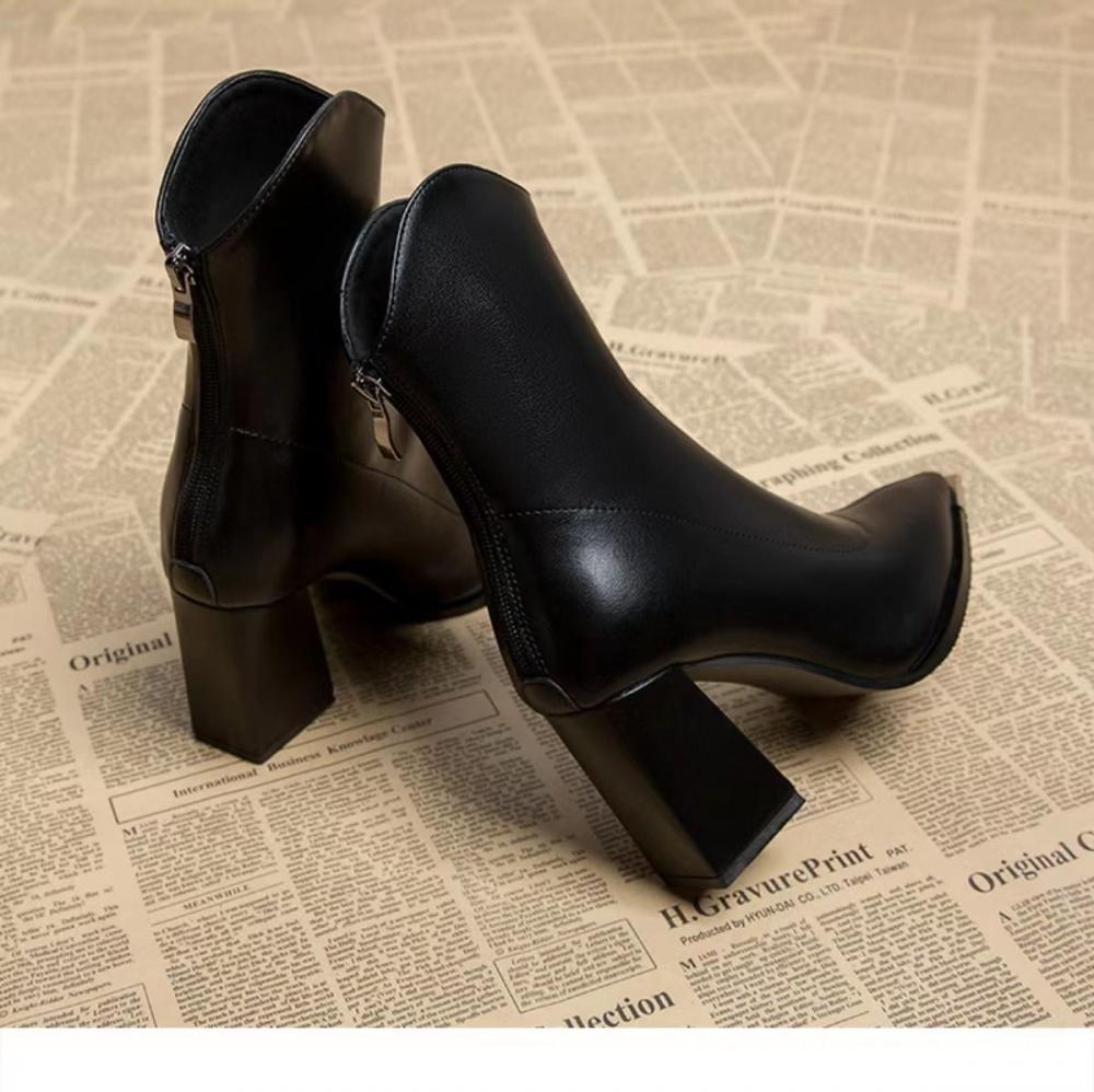 Pointed Toe Chunky Heel Fashion Genuine Soft Leather High Heel French Ankle Boots