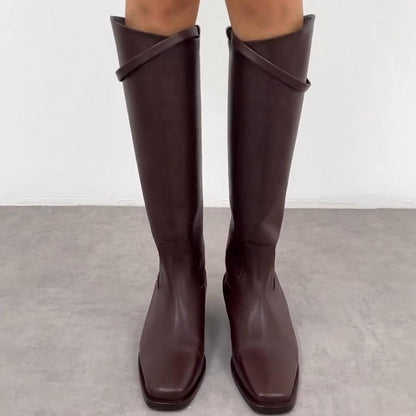 Basic Brown Belt Buckle Flat Square Toe Boots