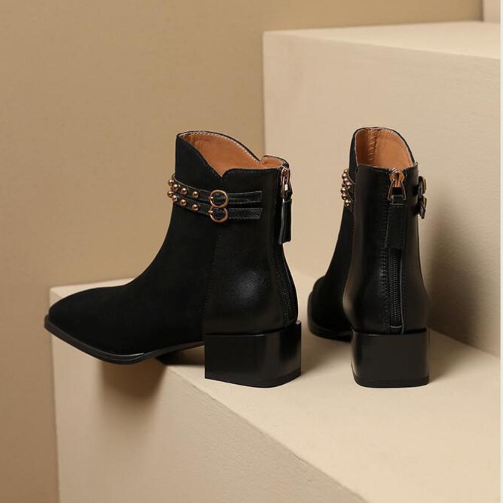 Frosted Leather Short Ankle French Vintage Double Belt Buckle Rivet Square Toe Chunky Heel Martin Boots