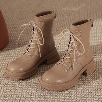 Thick Sole Chunky Heel Back Zipper Lace Up Boots<Three colors>