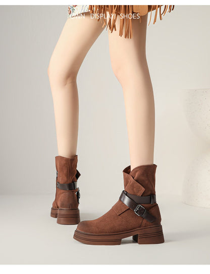 Niche Design Leather Chunky Heel Biker Boots Round Toe Rider Boots