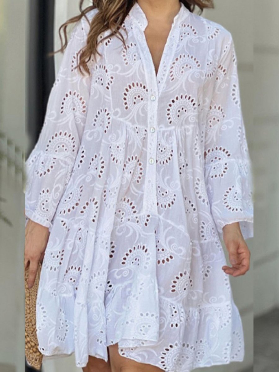 V-neck Loose Embroidery Hollow Dress