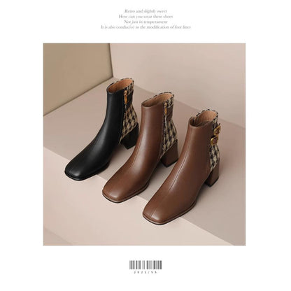 Retro Square Toe French Thousand Bird Check Chunky Heel Martin Boots Belt Buckle Temperament Ankle Boots