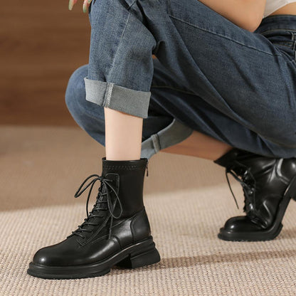 Thick Sole Chunky Heel Back Zipper Lace Up Boots<Three colors>